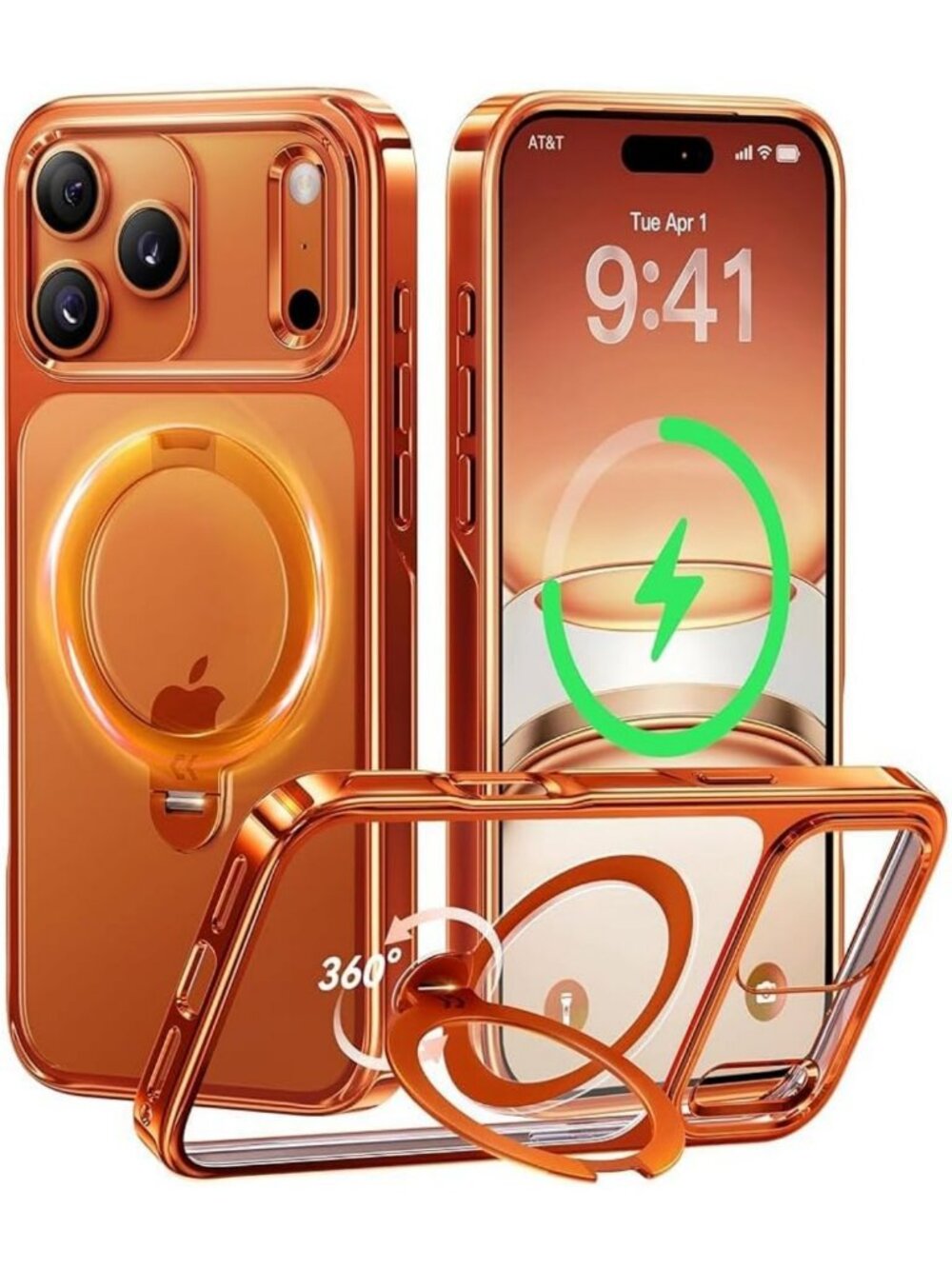 Glossy Orange 360° Spin Magnetic Stand Case for iPhone 17 Pro - Stylish
